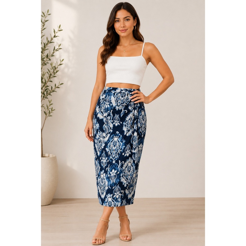 Zara Midi Skirt Womens Large Blue White Damask Paisley Ruched Side Slit Cotton